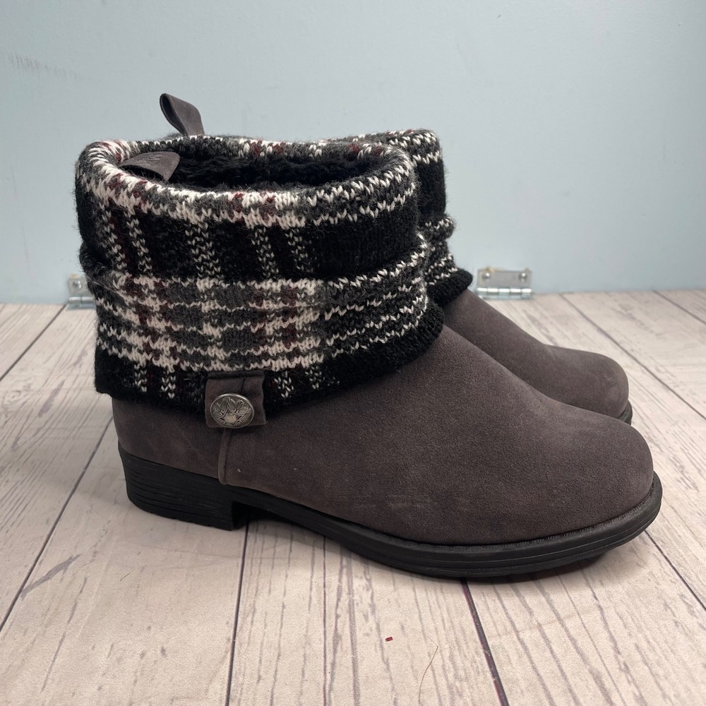 Womens Gray Suede Ankle Boots with Knit Cuff and Decorative Button Detail